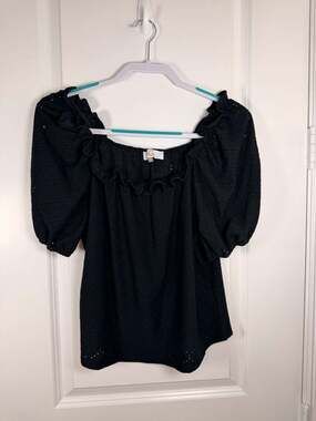 Melograno Rico Black Eyelet Off-The-Shoulder Ruffle Puff Sleeve Blouse